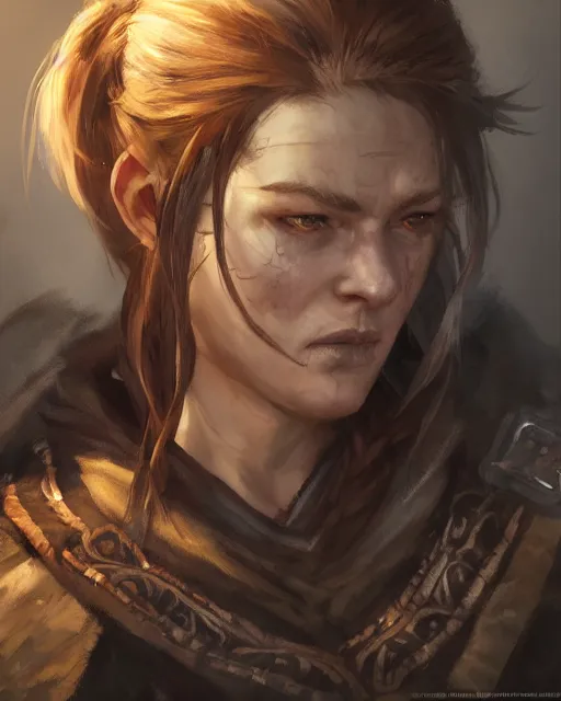 Image similar to the elder scrolls vi, charismatic rugged female nord warrior portrait, illustration, rim light, top light, perfectly shaded, soft painting, art by ross tran, krenz cushart and wenjun lin