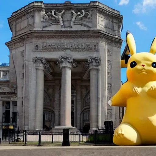 Prompt: a large marble statue that looks like pikachu, in London