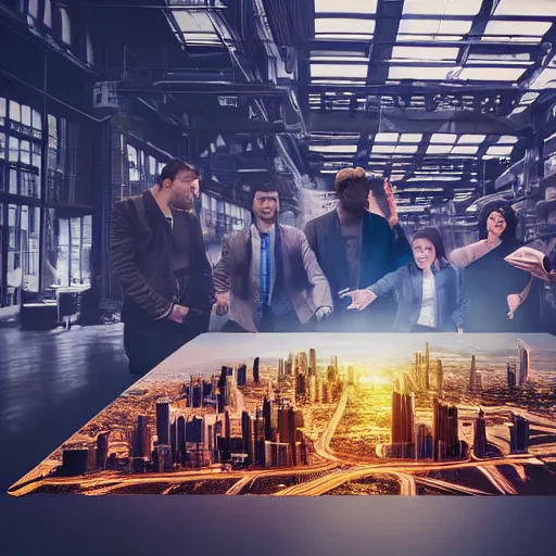 Image similar to large group people in open warehouse, looking at hologram of futuristic city on a table, cinematic still, godrays, golden hour, natural sunlight, 4 k, clear details, tabletop model buildings, tabletop model, ethereal hologram center, crane shot, crane shot, crane shot