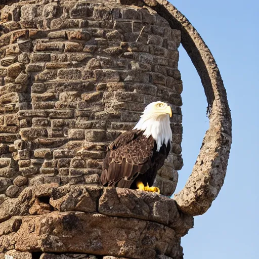 Prompt: eagle sitting on top of zimbabwe conical tower ruins, wide angle