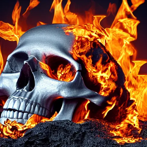 Image similar to a skull on a pile of burning coals and embers, isometric, 3 d render, 8 k