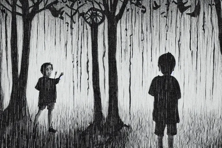 Image similar to a moody scene of a little boy talking with a spirit like a ghost in the middle of a rain forest at night, ultra realistic, style of Angela Deane