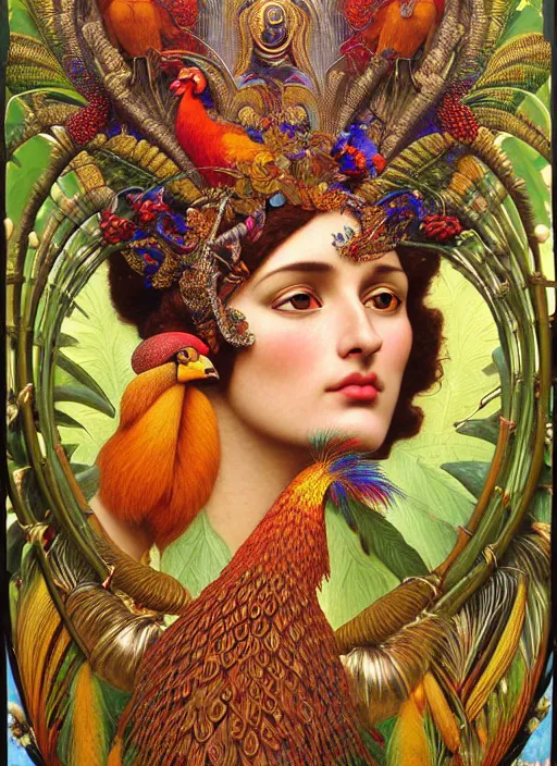 Image similar to hyperrealistic detailed face portrait of the beautiful goddess of the golden pheasants with an intricate headgear of golden pheasant, red berries, leaves, field flowers, pears, apples, art by ernst haeckel, john william godward, android jones, alphonso mucha, h. r. giger, gothic - cyberpunk, ornamental, beautiful deep colours,