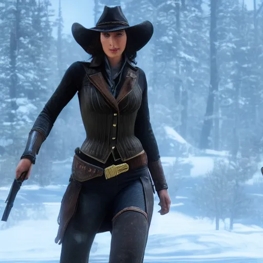 Image similar to Film still of Gal Gadot, from Red Dead Redemption 2 (2018 video game)