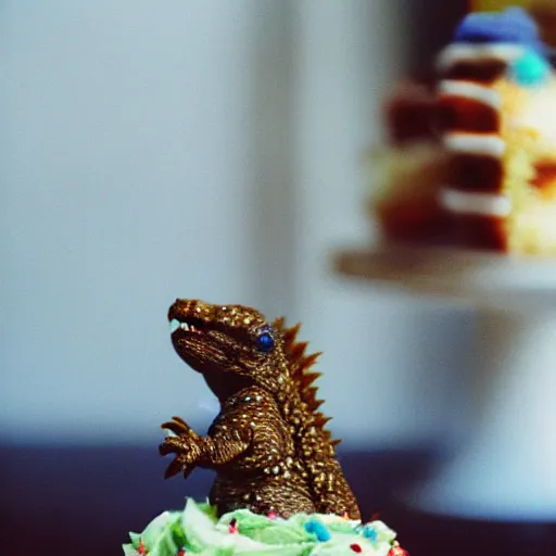 Image similar to photo godzilla enjoying a cupcake, cinestill, 800t, 35mm, full-HD