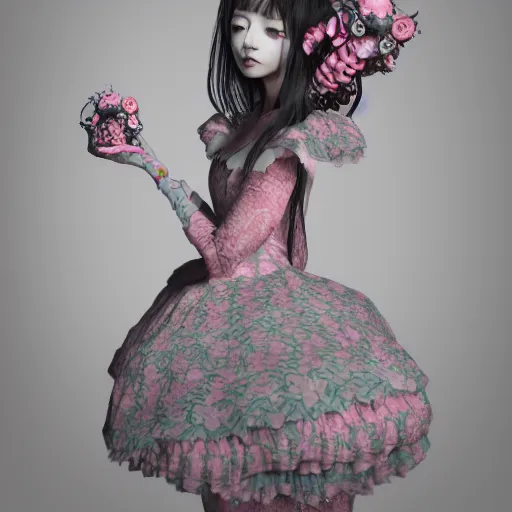 Image similar to 8 k, octane render, realism, tonalism, renaissance, rococo, baroque, cotton candy, portrait of a creepy young lady wearing long - harajuku manga - dress with flowers! and skulls