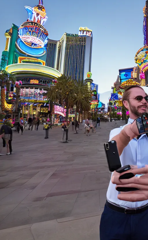 Prompt: Mr Robert House taking a selfie on the Las Vegas Strip, realistic photograph, 8k,