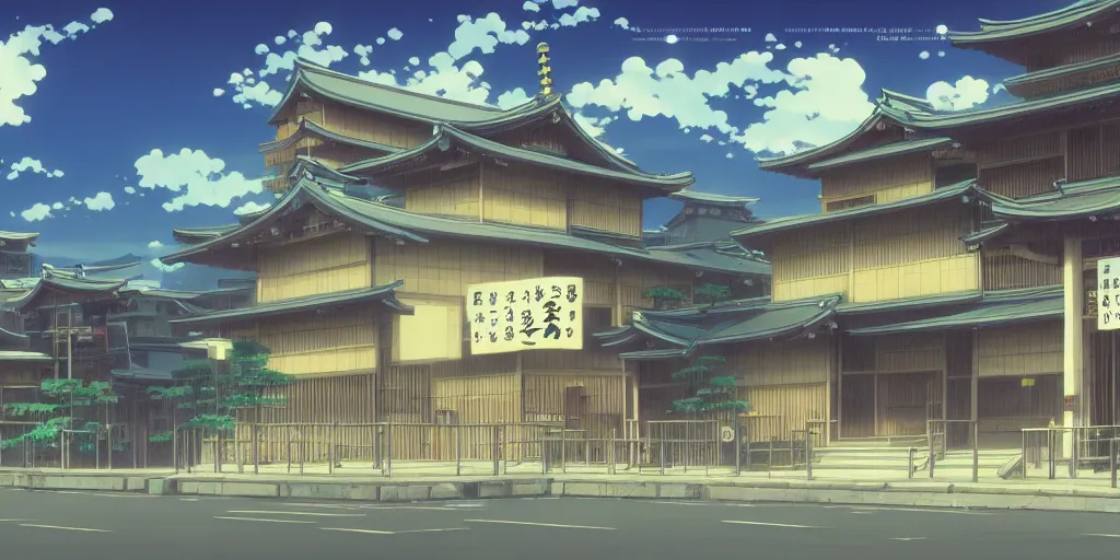 Prompt: close up front view of a japanese building facade with signs on it, a screenshot from the anime film by Makoto Shinkai, official art, HD wallpaper