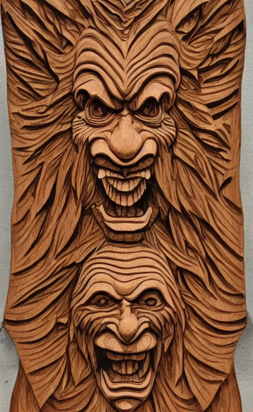 Image similar to an extremely detailed wood relief carving depicting a monstrous image of the jim varney, stylized sun, medieval, renaissance, manuscript, woodcut, in the style of albrecht durer, alchemical symbols