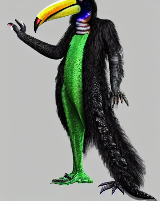 Image similar to realistic bipedal alligator character, long curly fur, full skull shaped face cover, mage robe based on a toucan, 6 toucan beaks, in the style of tim burton, stylized, video animation, hogwarts legacy, chromatic aberration, super natural, neon glow