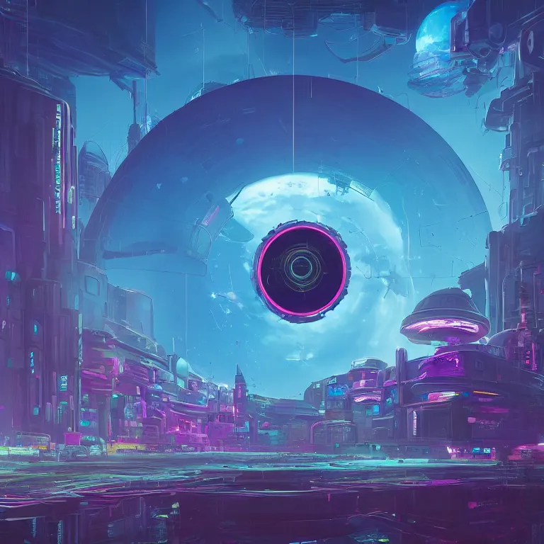 Image similar to a circle portal structure floating in space, cyberpunk, epic surrealism, indigo, purple, cyan, detailed digital matte painting in the style of simon stalenhag and painting by ralph mcquarrie