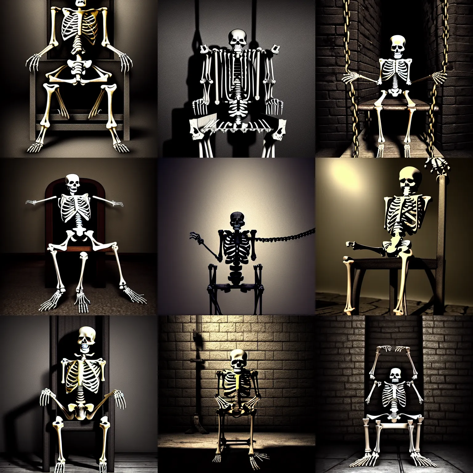 Prompt: a skeleton tied to the chair in a dungeon, steel chains binding the skeleton to the chair, dark, hyperrealistic, sharp, digital art, featured on artstation, HD, 8K, highly detailed, masterpiece