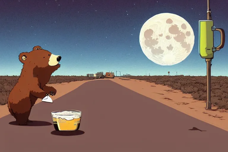 Image similar to a study of a cell shaded cartoon bear drinking a a beer on a desert road in front of a big moon, full body, wide shot, very muted colors, post grunge, studio ghibli, laurie greasley, highly detailed, deviantart, art by artgem