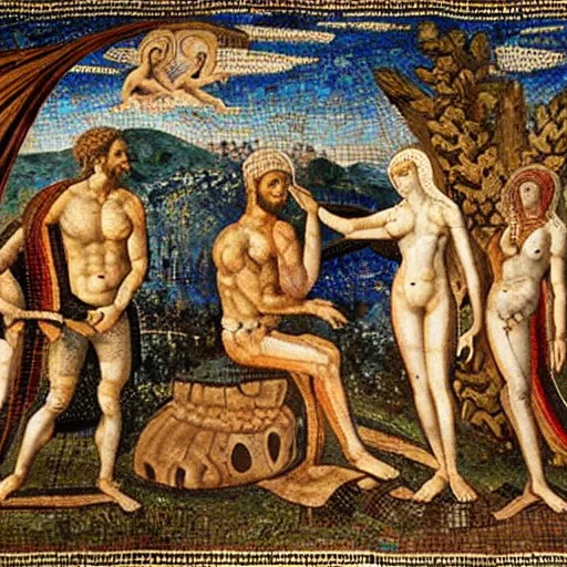 Image similar to a beautiful roman mosaic of adam, eve and the serpent by leonardo da vinci, rome, 1 5 0 0 ad