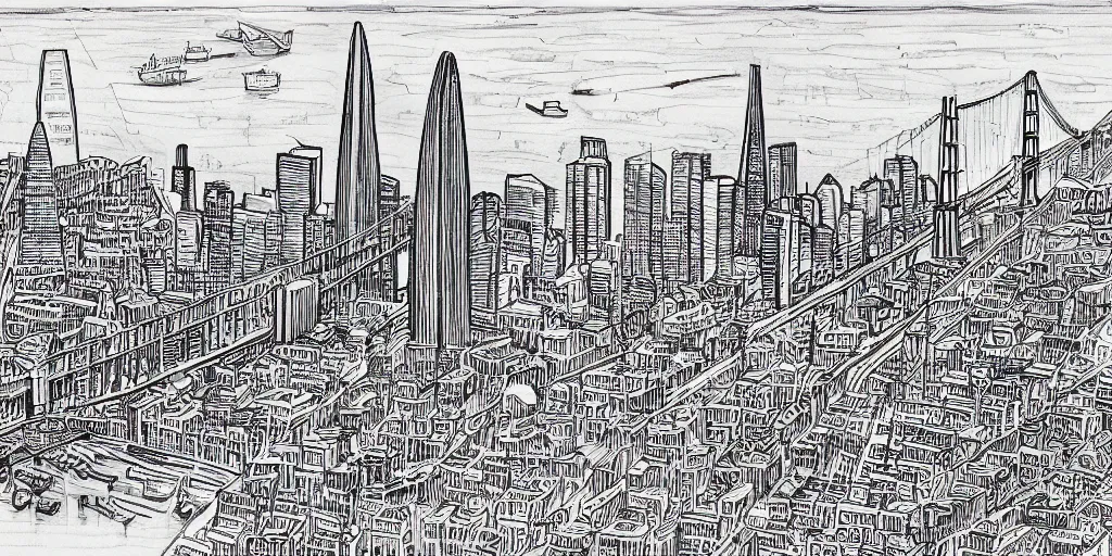 Prompt: san francisco harbor line art by stephen wiltshire, hyper detailed