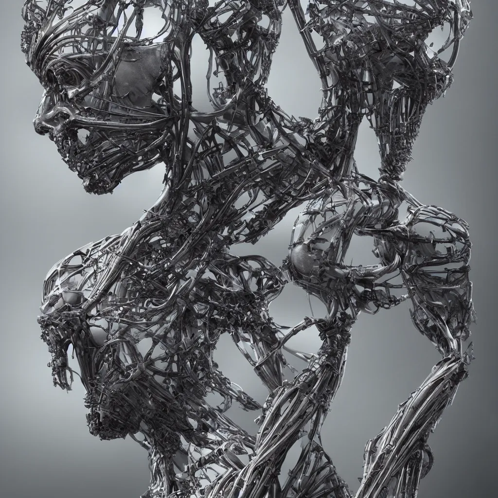 Image similar to a beautiful female is infected with a biomechanical suit, octane render, hyper realistic, art by hr giger and zdzisław beksinski, full profile, multiple angles