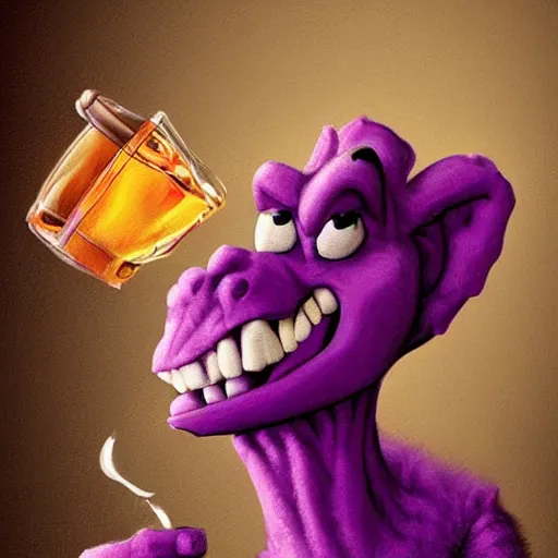 Prompt: barney the purple dinosaur from kids show drinking whisky at a bar and smoking a cigar, portrait art, digital art, trending on artstation