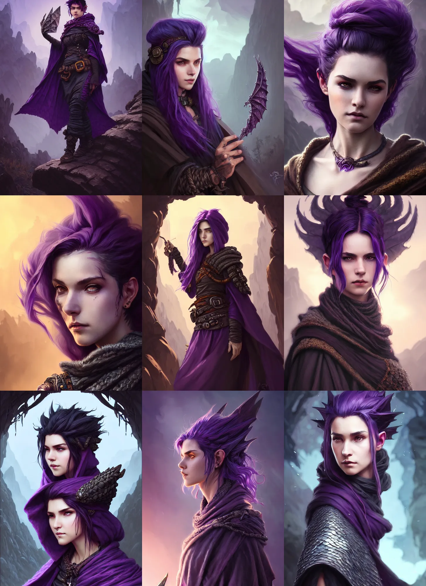 Prompt: photography of rugged girl, adventurer outfit large cloak, dragon scales, undercut hairstyle, short purple black fade hair, deep focus, d & d, fantasy, intricate, elegant, highly detailed, digital painting, artstation, concept art, matte, sharp focus, illustration, hearthstone, art by artgerm and greg rutkowski and alphonse mucha