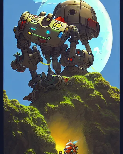 Image similar to bastion the friendly robot from overwatch, with his pet bird, character portrait, portrait, close up, concept art, intricate details, highly detailed, vintage sci - fi poster, retro future, in the style of chris foss, rodger dean, moebius, michael whelan, katsuhiro otomo, and gustave dore