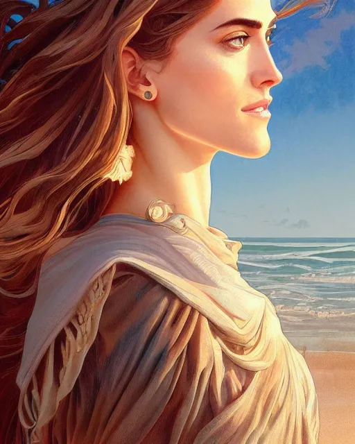 Image similar to beautiful ,allison williams standing in front of a beach, intricate, stunning, highly detailed, digital painting, artstation, concept art, smooth, sharp, focus, illustration, art by artgerm and greg rutkowski and alphonse mucha