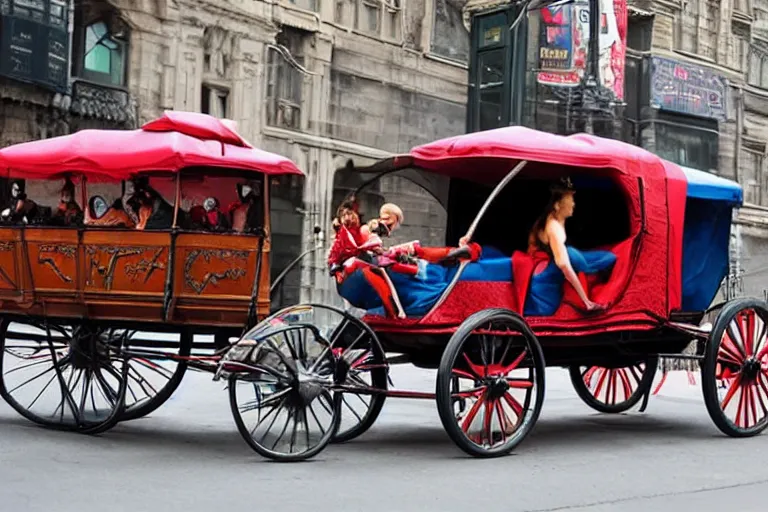 Prompt: spiderman driving a horse & carriage