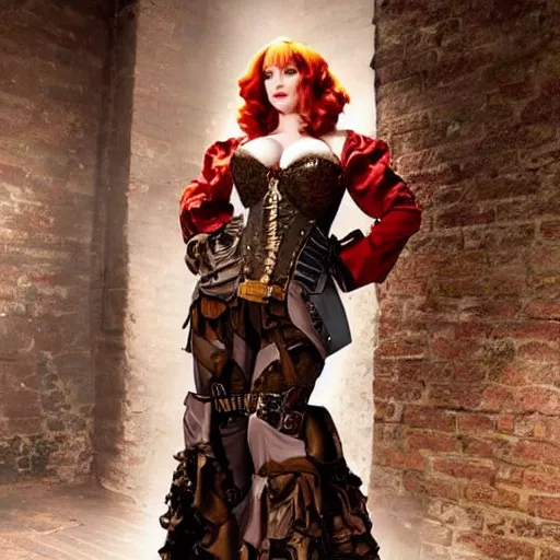 Prompt: full shot photo of christina hendricks as a steampunk warrior