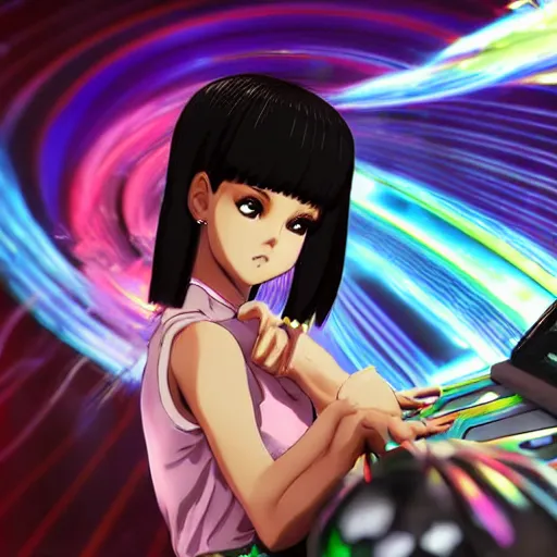 Prompt: Manga cover portrait of an extremely cute and adorable beautiful afrofuturism ASMR anime Selena Gomez with mesmerizing piercing eyes and a black bobcut hairstyle playing Dance Dance Revolution, with a flashy modern background with black stripes, 3d render diorama by Hayao Miyazaki, official Studio Ghibli still, color graflex macro photograph, Pixiv