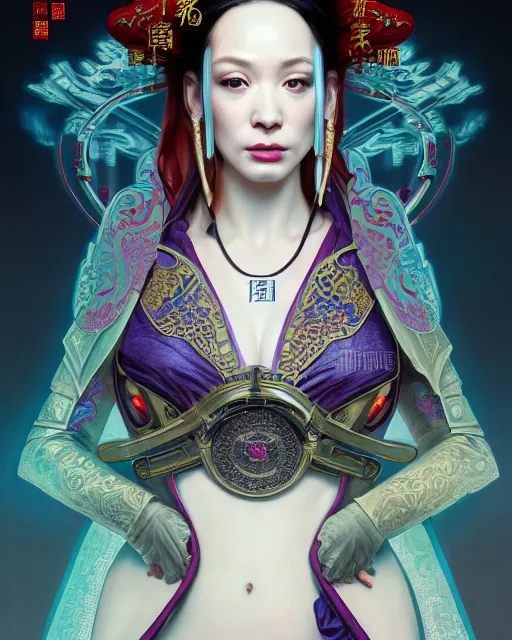 Image similar to portrait of christina hendricks cyberpunk machine, machine face, robed, upper half portrait, decorated with chinese opera motifs, regal, fine china, wuxia, traditional chinese art intricate intense elegant 京 剧 highly detailed digital painting artstation concept art smooth sharp focus illustration, art by artgerm and greg rutkowski alphonse mucha 8 k