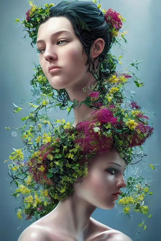 Prompt: a beautiful fine art RPG portrait photo of a robot female cyborg, spread out curly hair covered by hibiscus, daffodils, hydrangea, montsera leaves by tom bagshaw and zach sutton, golden ratio composition, soft studio lighting, soft vignette, 50mm lens, very detailed, bionic, cybernetic scifi, deep depth of field, artstation, 8K