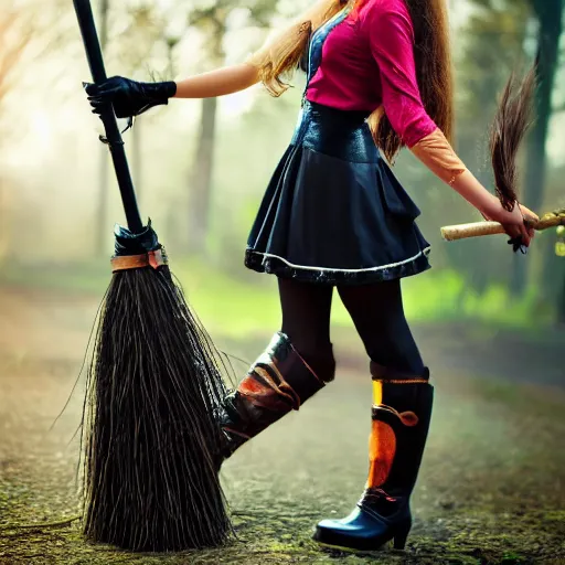 Prompt: young woman witch with magic wand and broom cosplay, she wears boots, full body, beautiful face, photo taken by nikon, 4k, high quality, very detailed, intricant