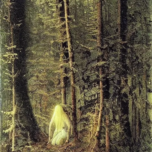 Prompt: a big troll deep in the swedish forest, painting by john bauer