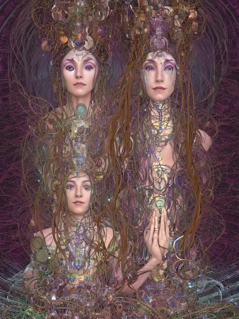 Image similar to an ancient mystical alluring female shaman generating flowing energy and surrounded by wisps of incense smoke sits meditating in a magical cybernetic robot temple , face face face, by android jones and brian froud and alphonse mucha, 3d, cinema 4d render