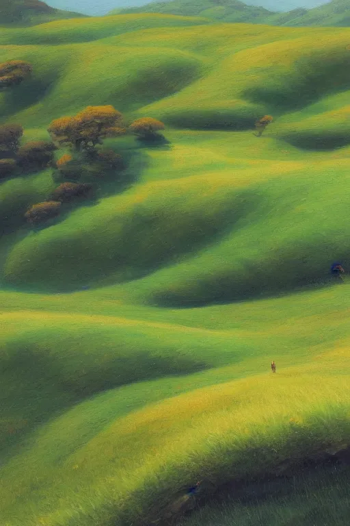 Image similar to Gorgeous rolling green hills in Japan, very detailed, focused, oil painting, colorful, canvas, artstation, Antoine Pierre Mongin