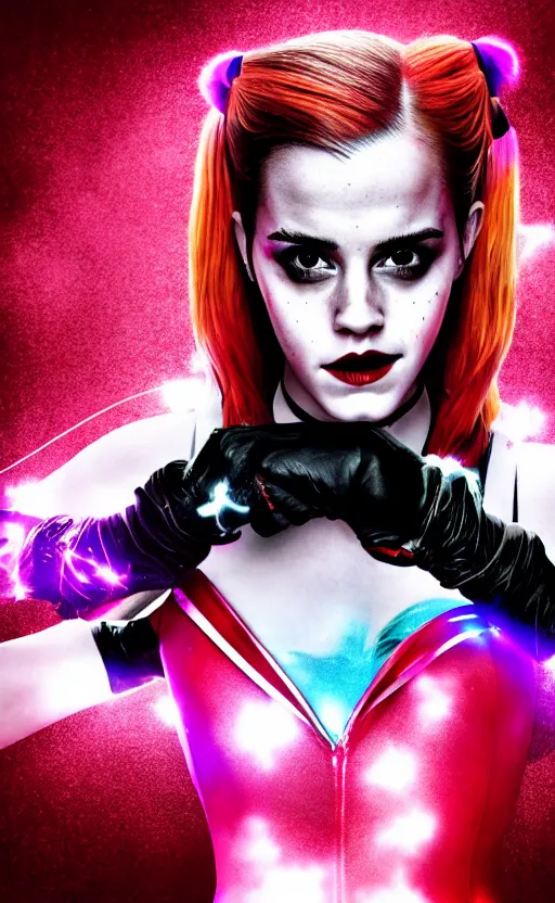 Image similar to Emma Watson as Harley Quinn, glowing, dramatic, cinematic, Sony a7R IV, symmetric balance, polarizing filter, Photolab, Lightroom, 4K, Dolby Vision, Photography Award