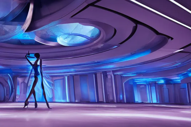 Image similar to vfx movie scene closeup of beautiful blue skin alien woman dancing in sleek futuristic decadent spaceship pillars, futuristic ballroom. giant windows view of earth obit. by emmanuel lubezki