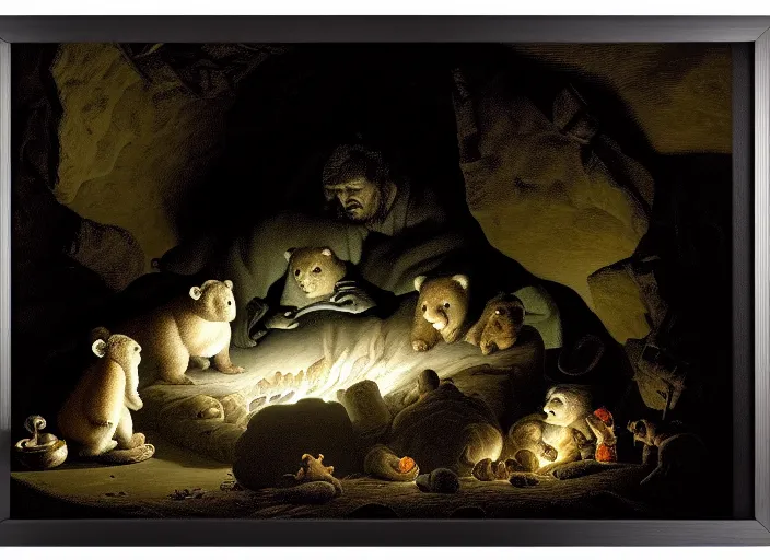 Image similar to Pieter Claesz's 'bear and her cubs sleeping in a dark cave lit by campfire', night time, cross hatching, framed