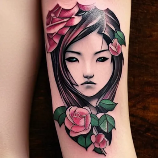 Prompt: tattoo design, stencil, beautiful japanese girls face framed by roses and ivy by artgerm, artgerm, cat girl, anime