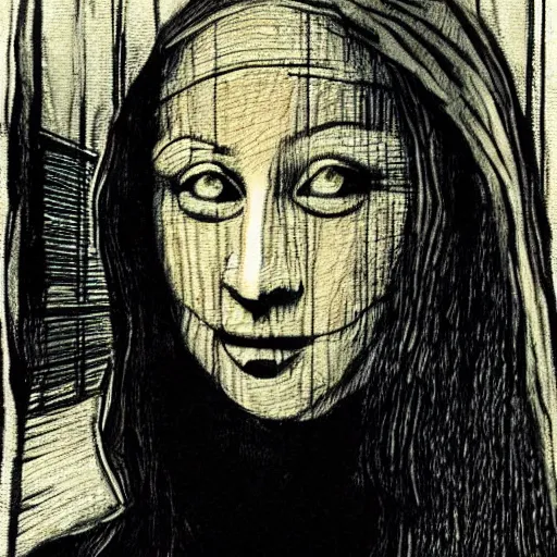 Image similar to grunge drawing of a happy mona lisa in the style of the grudge | horror themed | loony toons style