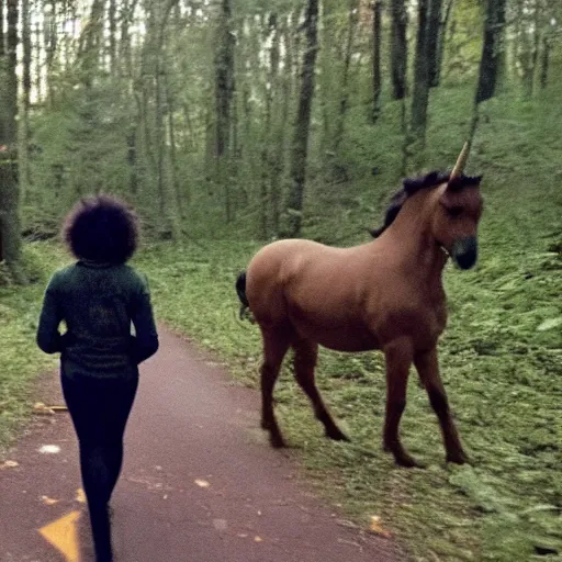 Image similar to night green security footage of a teenager with short black curly hair on the woods riding a real unicorn