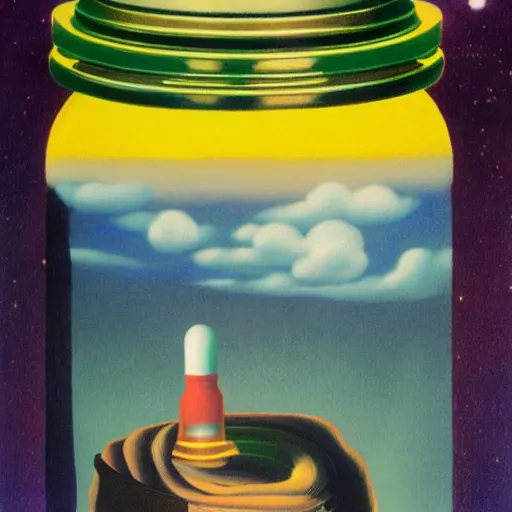 Image similar to an austronaut in a bottle, in the style of Rene Magritte,