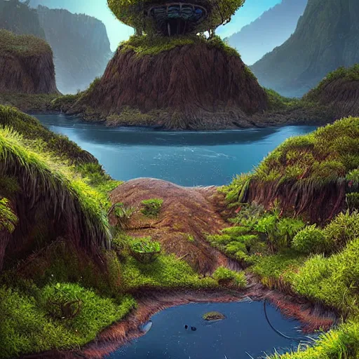 Image similar to digital art of a lush natural scene on an alien planet by mike beeple winklemann. extremely detailed. science fiction. beautiful landscape. weird vegetation. cliffs and water.