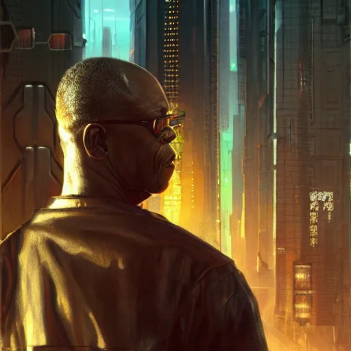Prompt: samuel jackson, cyberpunk ex soldier with a scar in his face, sunset, neuromancer, cyberpunk city background, megacity, gorgeous view, depth, painted by seb mckinnon, high detail, digital art, painted by greg rutkowski, trending on artstation