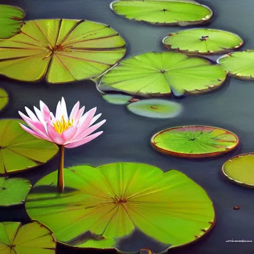 Image similar to waterlily flower, painting, detailed, magical environment, peaceful, beautiful, artwork, realistic detail, natural lighting, brush strokes, pintrest, behance