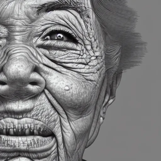 Image similar to closeup of my grandma eating crayons, melting down all over her body, in the style of kawase hasui james jean, artstation trending, 8 k, 3 d render, photorealistic, volumetric lighting caustics, black and white, detailed af