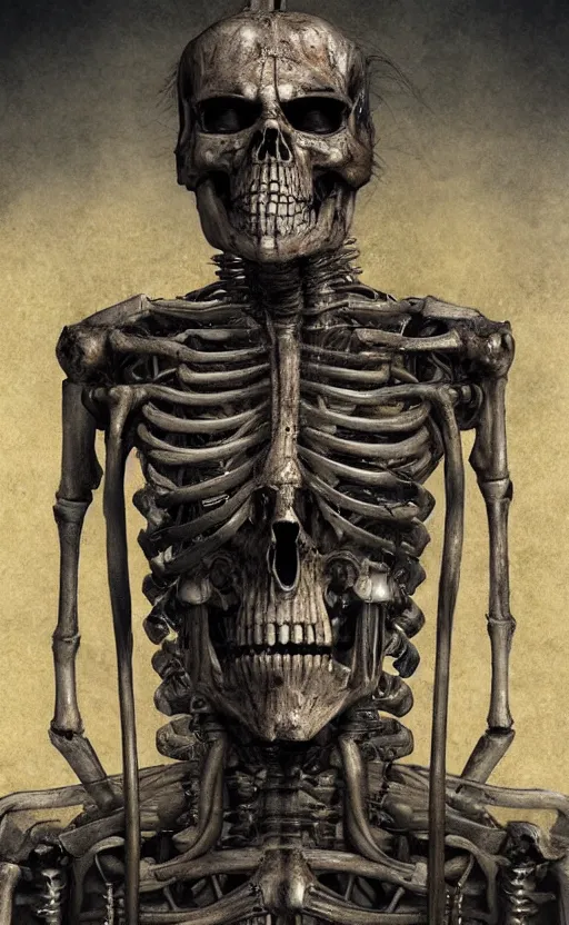 Image similar to full body portrait of terminator skeleton by wayne barlow, stanley donwood, anton semenov, zdzislaw bekinski, hr giger, 8 k, fantasy, dark, highly detailed