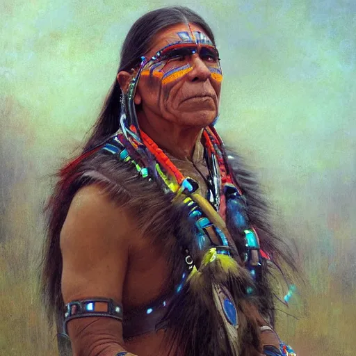 Prompt: a beautiful portrait of a native american elder with futuristic cybernetic glowing war face paint, dynamic pose, sci - fi, pastel color palette, cyberpunk, by ruan jia, jules bastien - lepage, 8 k