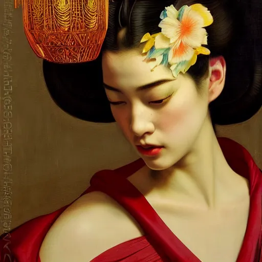 Prompt: highly detailed oil painting | very intricate | cinematic lighting | award - winning | the chicano geisha in an exquisite kimono | by roberto ferri, by tom bagshaw, by j. c. leyendecker and klimt, beautiful cinematic light, american romanticism, by austin osman spare, artstation, cgsociety, official art, octane