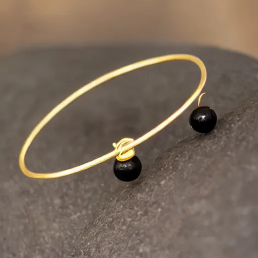 Prompt: arcaic Primitive Gold Bangle, 14K Gold Wire, Single Center sinister gem, Shungite Bangle, Mineral and Gold Jewelry, Product Photography