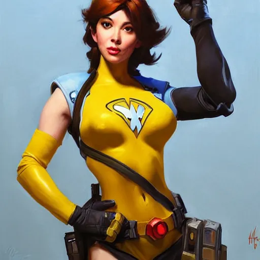 Image similar to greg manchess portrait painting of april o'neil as overwatch character, medium shot, asymmetrical, profile picture, organic painting, sunny day, matte painting, bold shapes, hard edges, street art, trending on artstation, by huang guangjian and gil elvgren and sachin teng