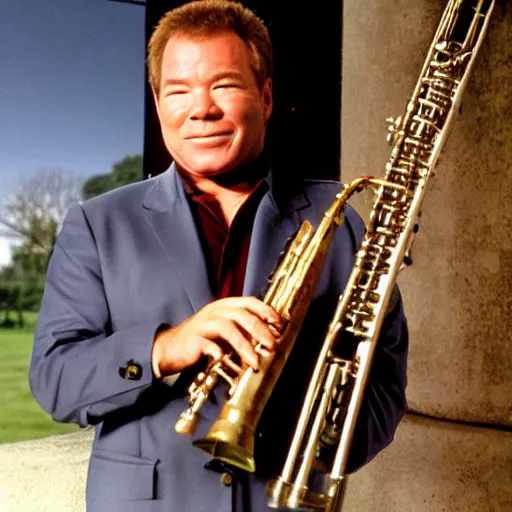 Prompt: william shatner playing a bassoon photo real